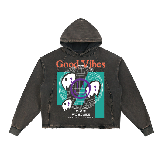 Mercury League Spooky Vibes Frayed-Hem Hoodie